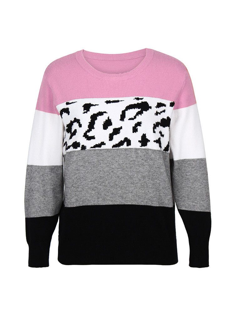 Kvinner Color Block Leopard Rundhals Langermet Casual Gensere