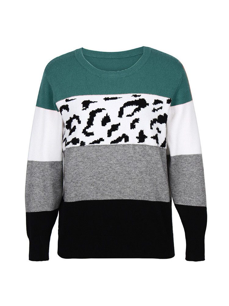 Kvinner Color Block Leopard Rundhals Langermet Casual Gensere