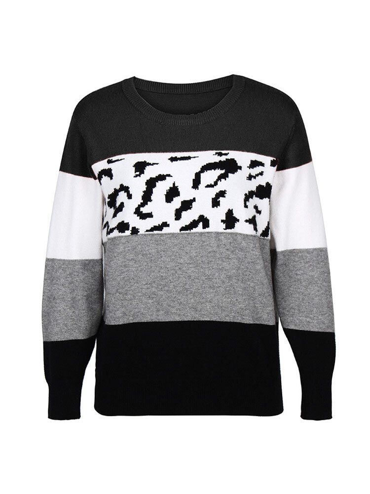 Kvinner Color Block Leopard Rundhals Langermet Casual Gensere