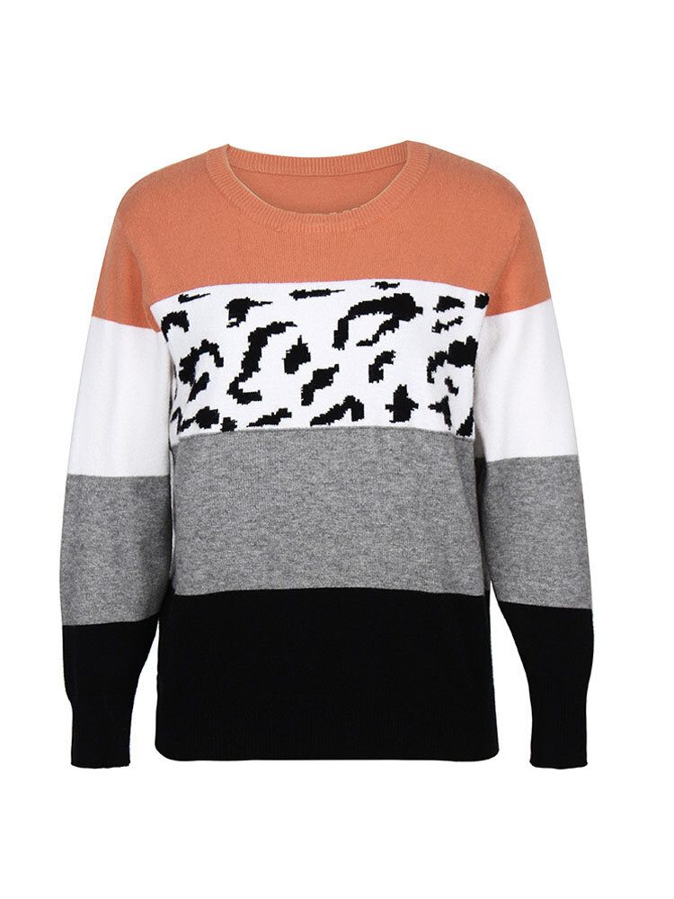 Kvinner Color Block Leopard Rundhals Langermet Casual Gensere