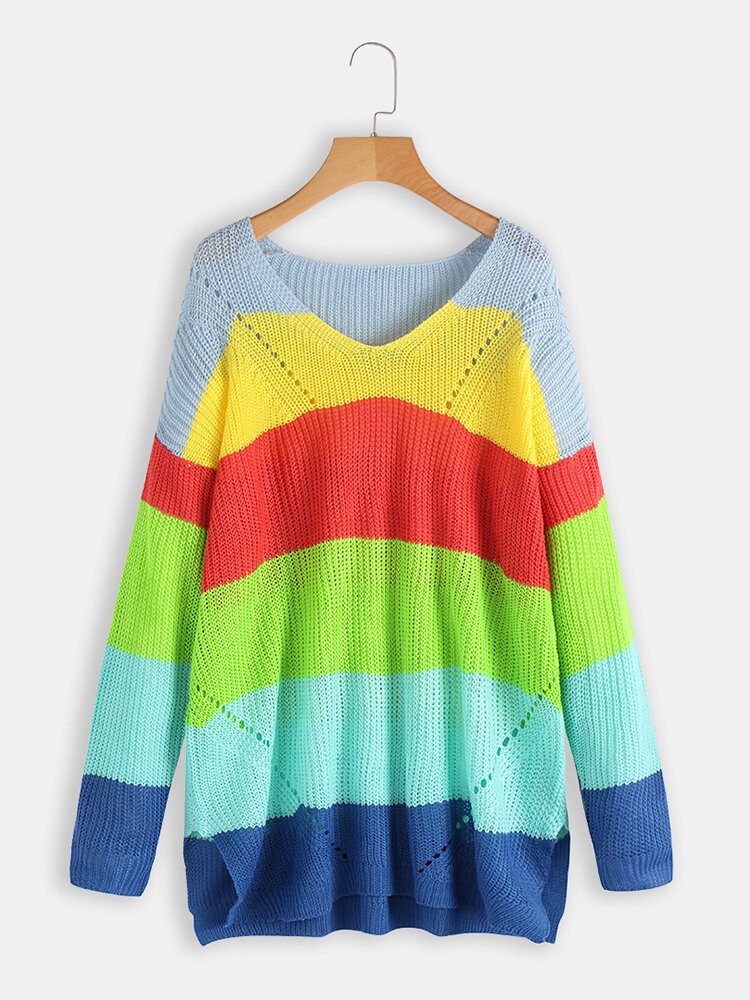 Langermet V-hals Rainbow Stripe Color Block Gensere