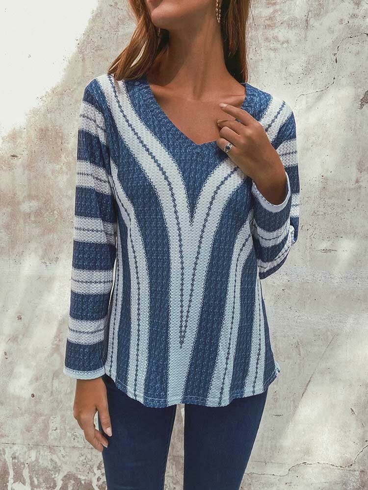 Stripe V-hals Langermet Casual Strikke Gensere Bluse For Kvinner