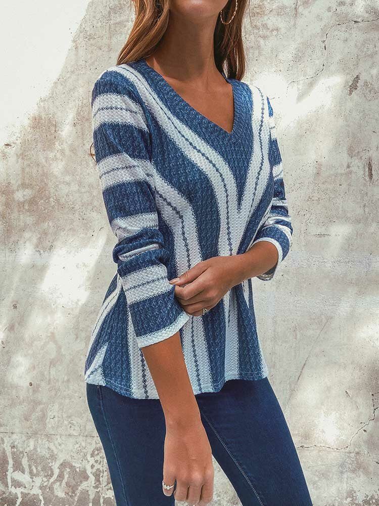 Stripe V-hals Langermet Casual Strikke Gensere Bluse For Kvinner