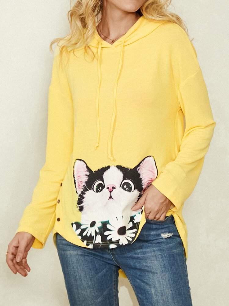 Cartoon Cat Flower Print Sideknapp Snøring Buet Hem Pullover Hettegenser For Kvinner