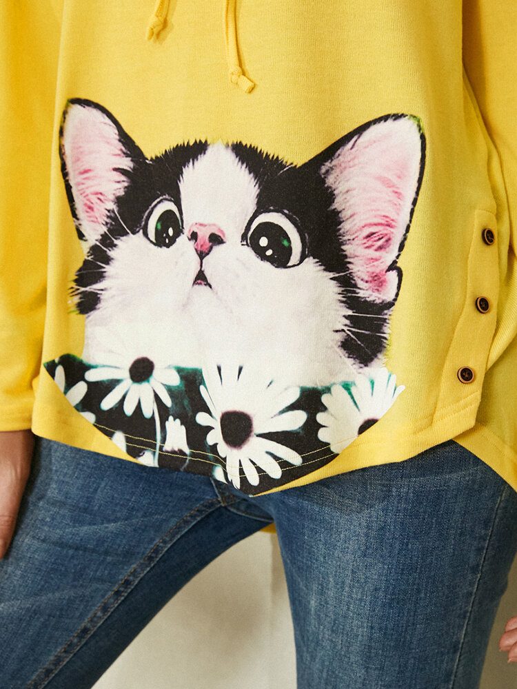 Cartoon Cat Flower Print Sideknapp Snøring Buet Hem Pullover Hettegenser For Kvinner