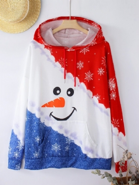 Christmas Dame Colorblock Cute Snowman Print Hettegensere Med Kengurulomme