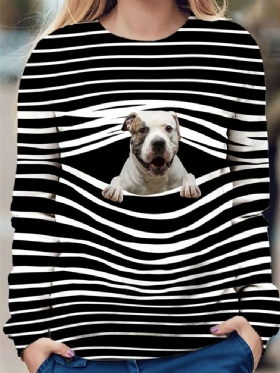 Dame 3d Dog Stripe Print O-hals Pullover Casual Sweatshirts