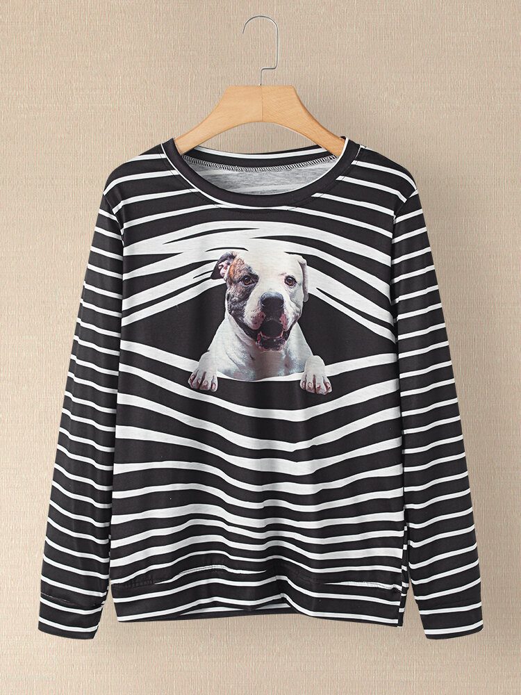 Dame 3d Dog Stripe Print O-hals Pullover Casual Sweatshirts