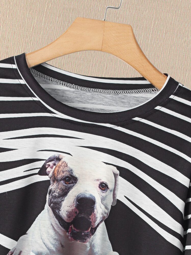 Dame 3d Dog Stripe Print O-hals Pullover Casual Sweatshirts