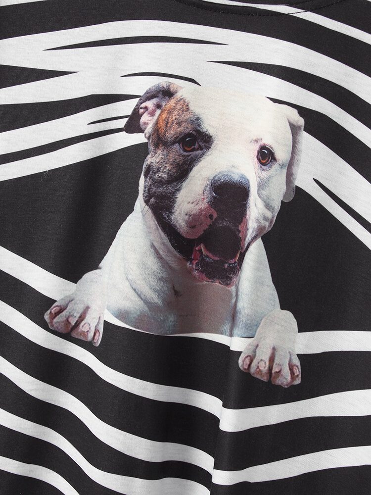 Dame 3d Dog Stripe Print O-hals Pullover Casual Sweatshirts