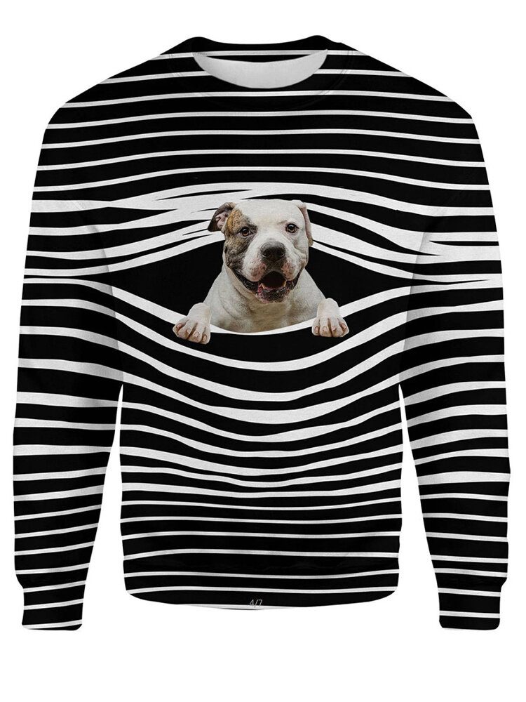 Dame 3d Dog Stripe Print O-hals Pullover Casual Sweatshirts