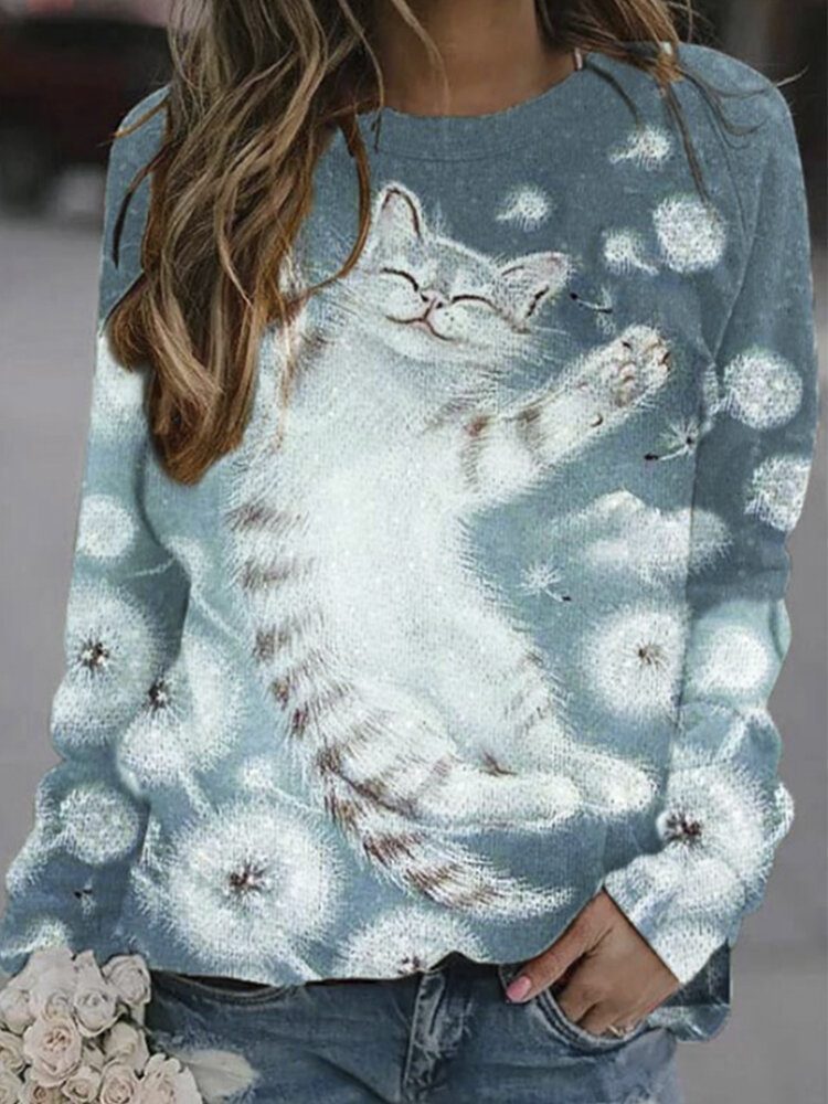 Dame Cartoon Cat Printed Pullover Søte Gensere