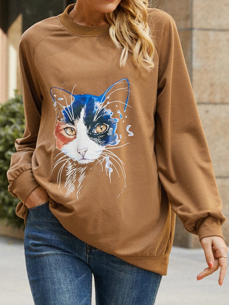 Dame Cat Print Ensfarget Rundhals Uformell Løs Pullover Sweatshirt