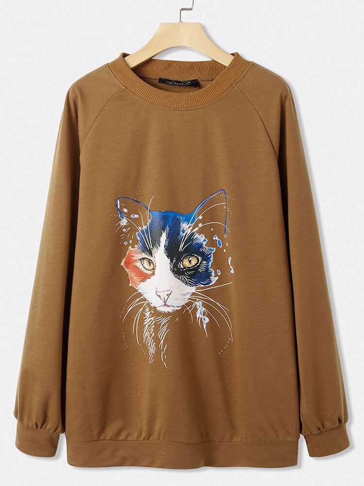 Dame Cat Print Ensfarget Rundhals Uformell Løs Pullover Sweatshirt