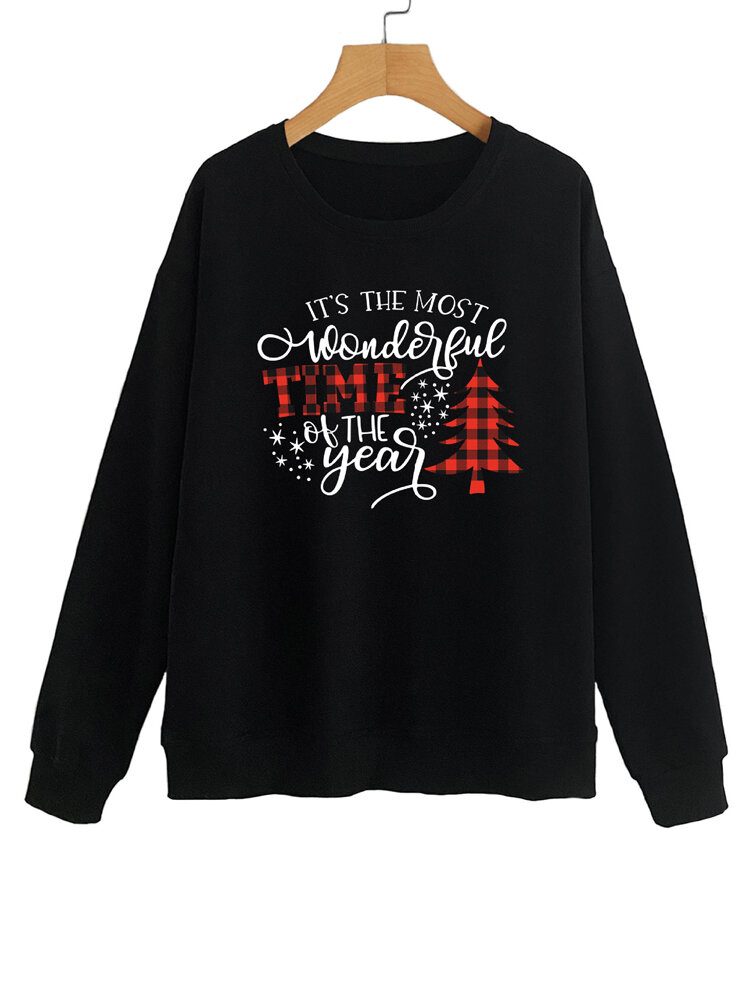 Dame Julebrev Print O-hals Drop Shoulder Løs Pullover Sweatshirts