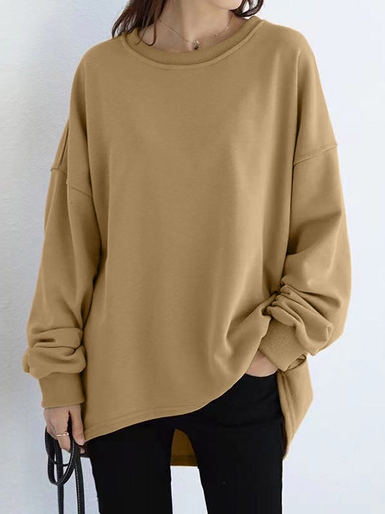 Dame Løs Tykk Rygggaffel Høy Lav Solid Casual Pullover Sweatshirt