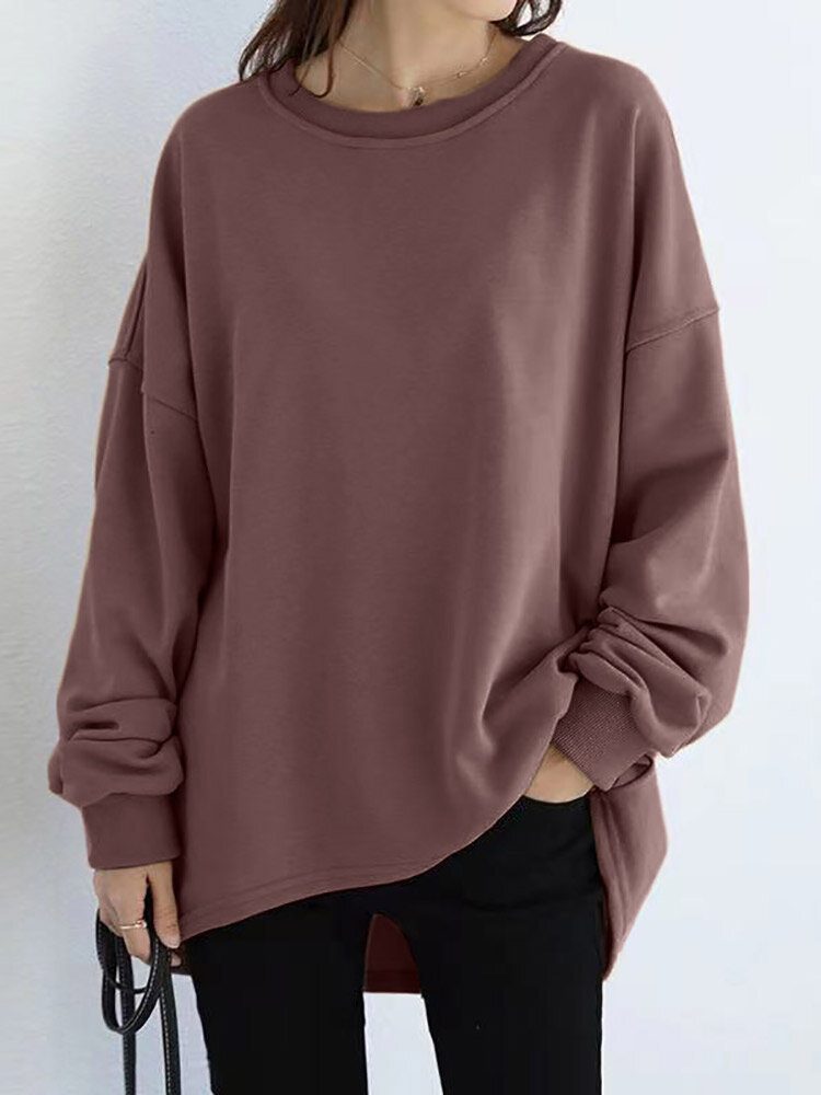 Dame Løs Tykk Rygggaffel Høy Lav Solid Casual Pullover Sweatshirt