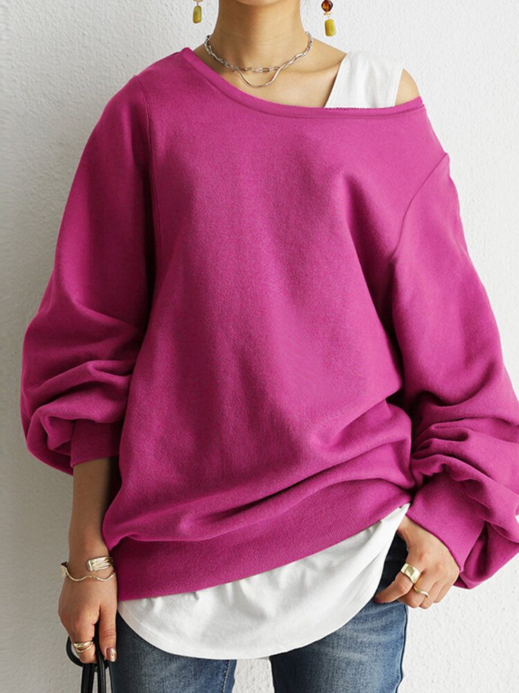 Dame Puff Sleeve Solid Tykk O-hals Preppy Homely Sweatshirt