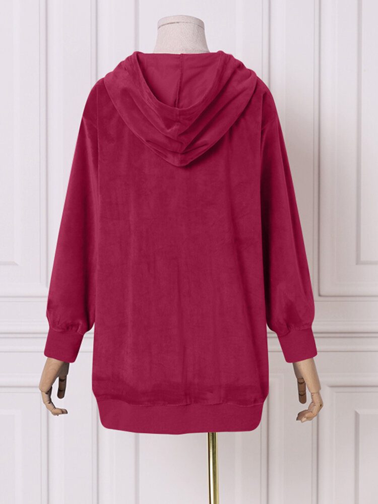 Dame Solid Puff Sleeve Enkel Fløyelsgenser Med Frontlomme