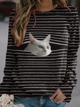Dame Stripe Cat Print Pullover Black Casual Sweatshirts