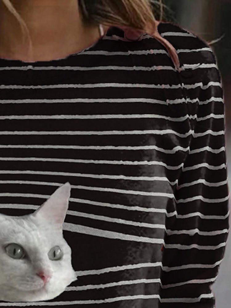 Dame Stripe Cat Print Pullover Black Casual Sweatshirts