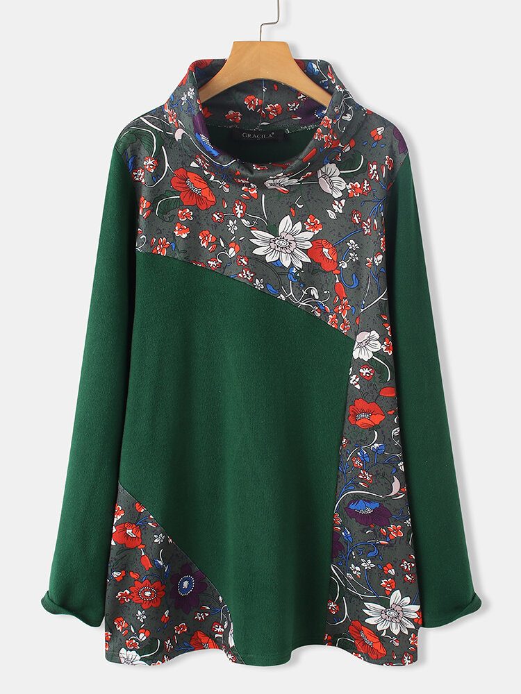 Dame Vintage Floral Print Patchwork Turtleneck Langermede Gensere