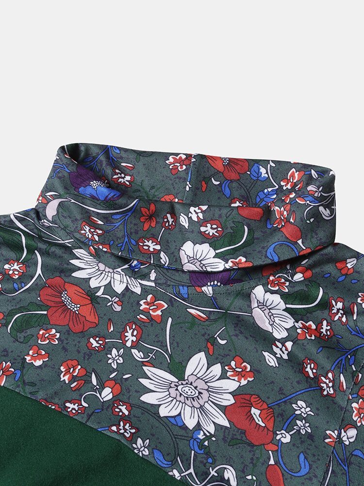 Dame Vintage Floral Print Patchwork Turtleneck Langermede Gensere