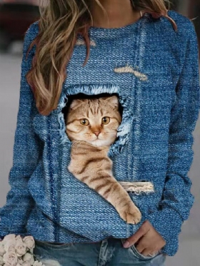 Damedesign 3d Cat Print Pullover Langermet Søte Sweatshirts