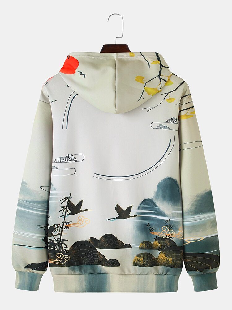 Etnisk Stil For Menn Landskapsmaling Print Kangaroo Pocket Chinoiserie Hettegensere