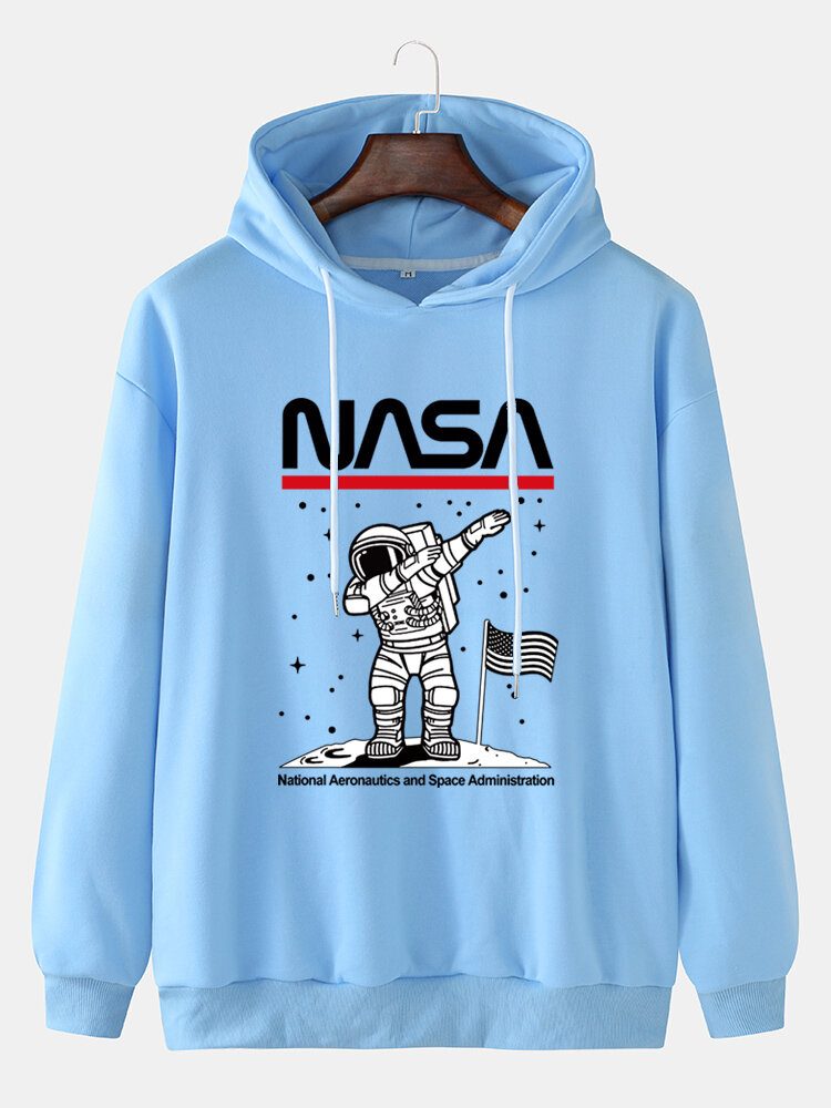 Funny Astronaut Print Drop Shoulder Cotton Hettegensere For Menn