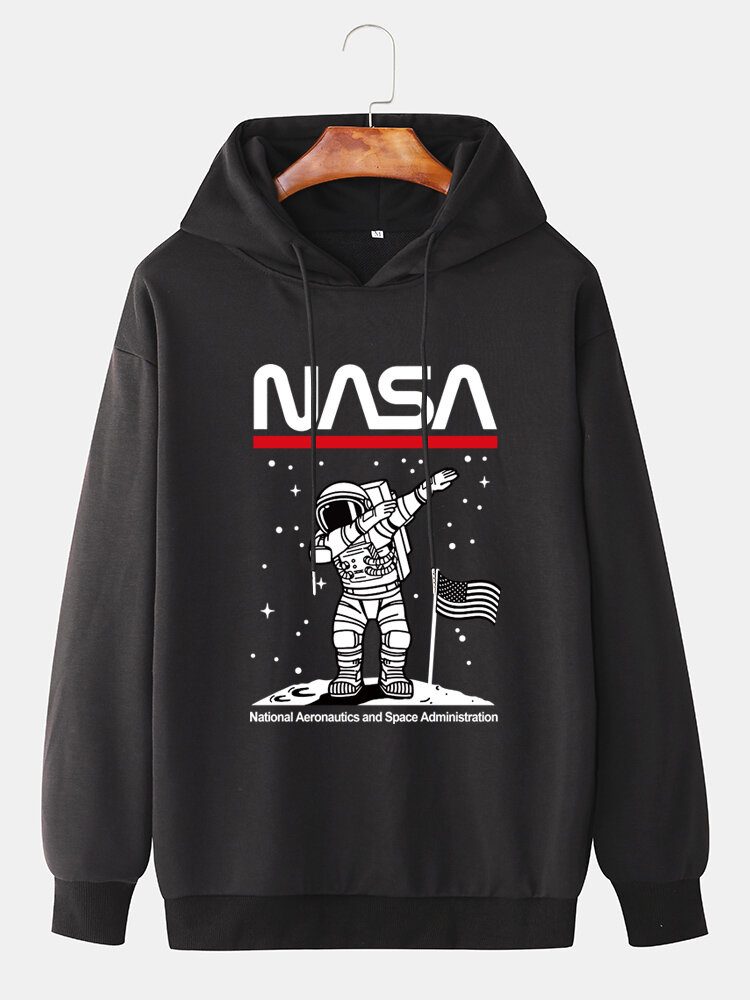 Funny Astronaut Print Drop Shoulder Cotton Hettegensere For Menn