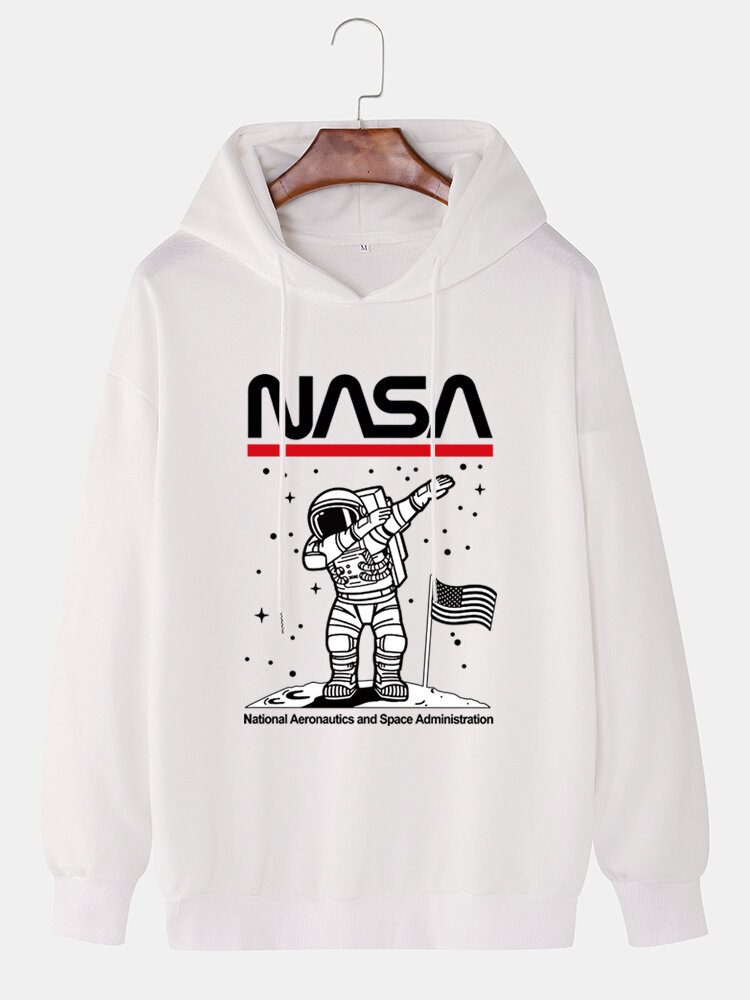 Funny Astronaut Print Drop Shoulder Cotton Hettegensere For Menn