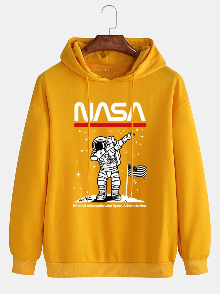 Funny Astronaut Print Drop Shoulder Cotton Hettegensere For Menn