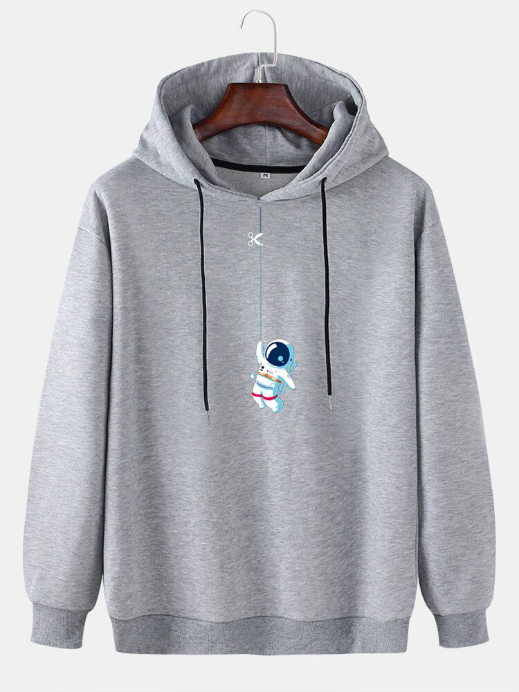 Funny Cute Astronaut Print Solid Pullover Uformell Hettegenser For Menn