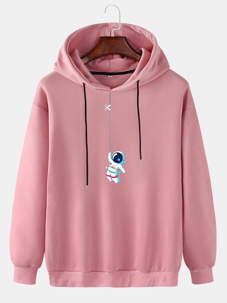 Funny Cute Astronaut Print Solid Pullover Uformell Hettegenser For Menn