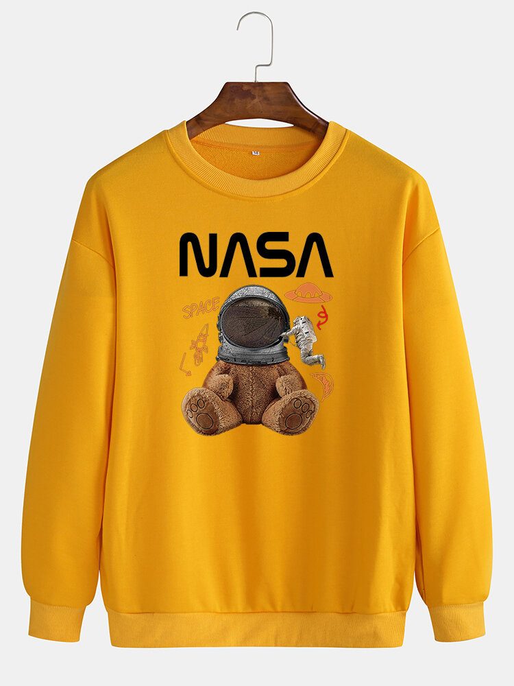 Funny Doll Bear For Menn Astronaut Print Pullover Drop Shoulder Sweaters