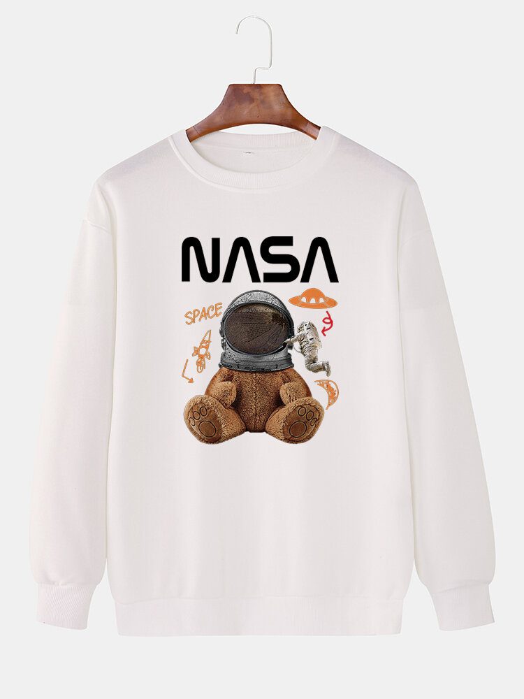 Funny Doll Bear For Menn Astronaut Print Pullover Drop Shoulder Sweaters