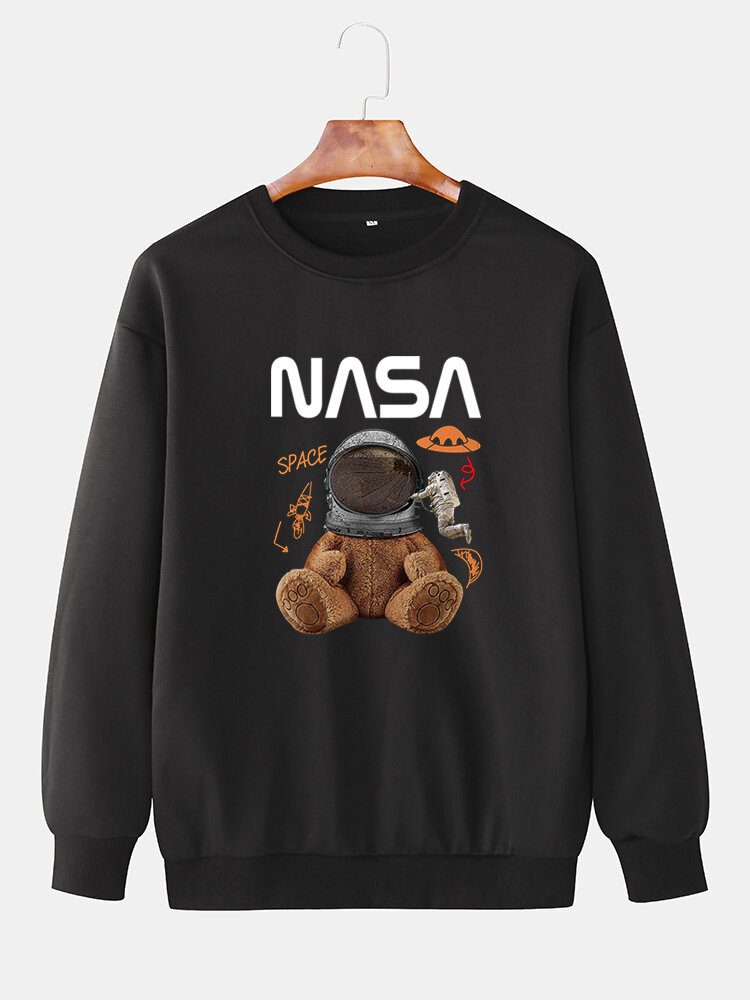 Funny Doll Bear For Menn Astronaut Print Pullover Drop Shoulder Sweaters