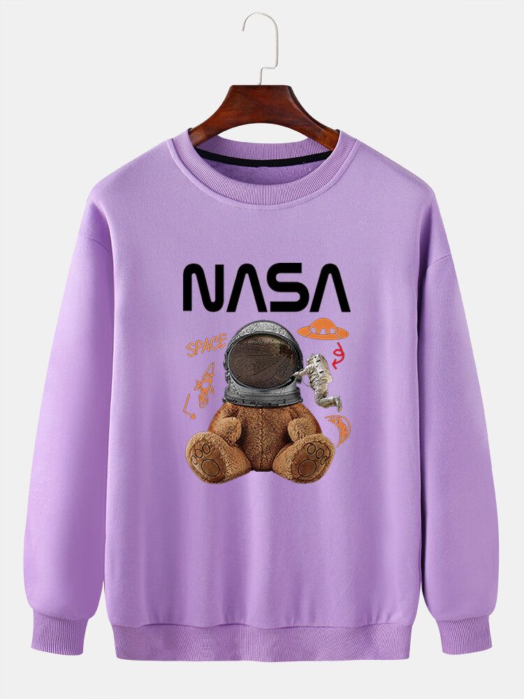 Funny Doll Bear For Menn Astronaut Print Pullover Drop Shoulder Sweaters