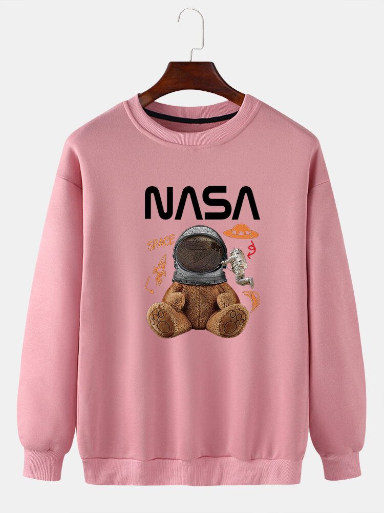 Funny Doll Bear For Menn Astronaut Print Pullover Drop Shoulder Sweaters