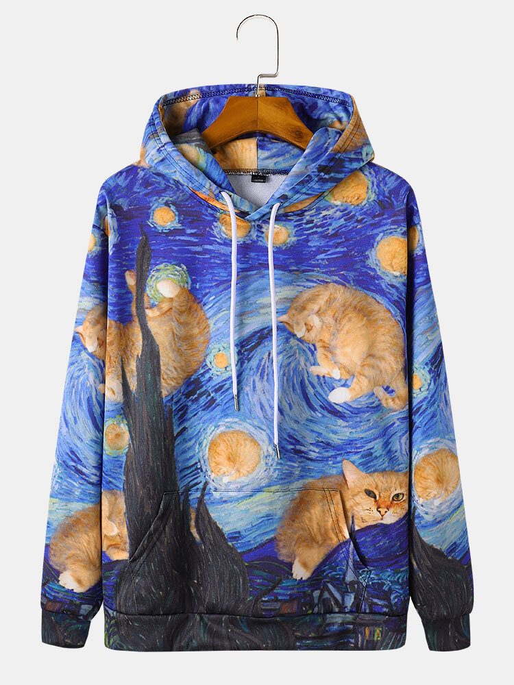 Herre All Over Cat Maletrykk Snøring Pullover Hettegensere Med Lommelomme