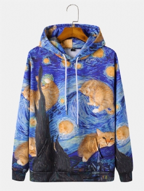 Herre All Over Cat Maletrykk Snøring Pullover Hettegensere Med Lommelomme