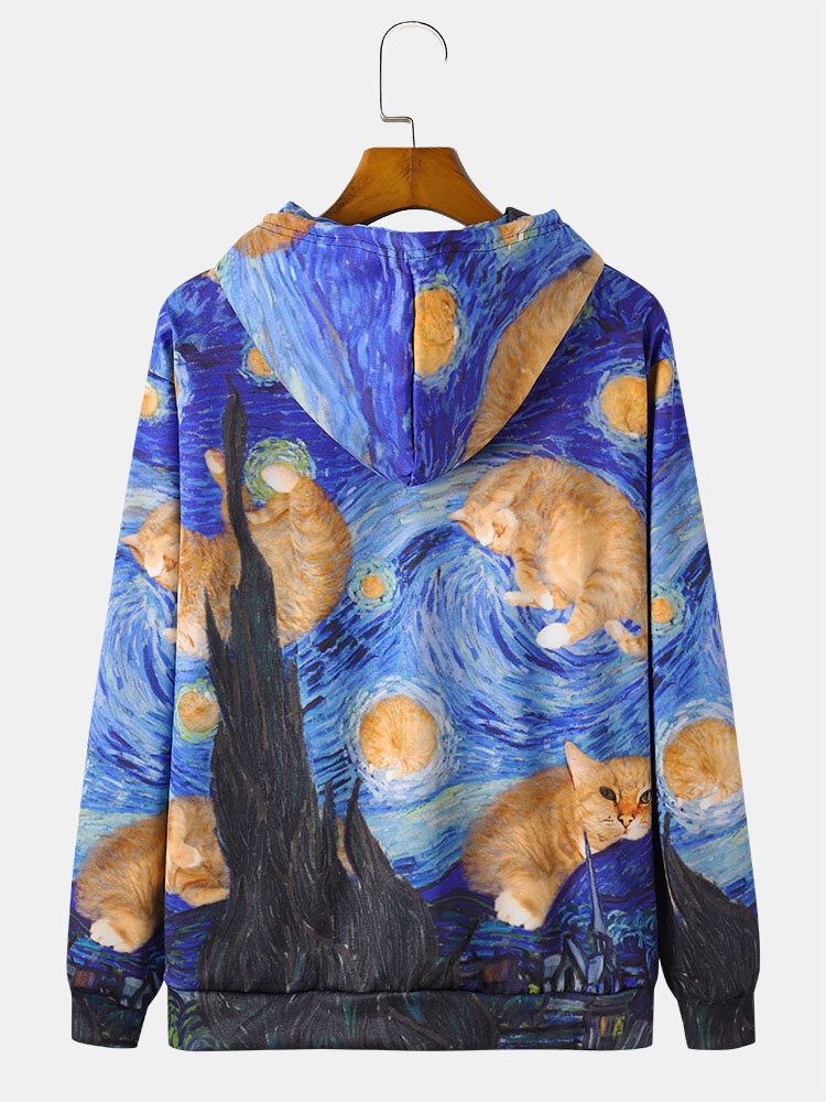 Herre All Over Cat Maletrykk Snøring Pullover Hettegensere Med Lommelomme