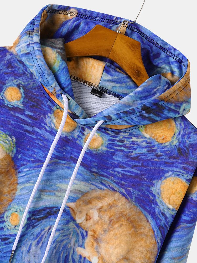 Herre All Over Cat Maletrykk Snøring Pullover Hettegensere Med Lommelomme