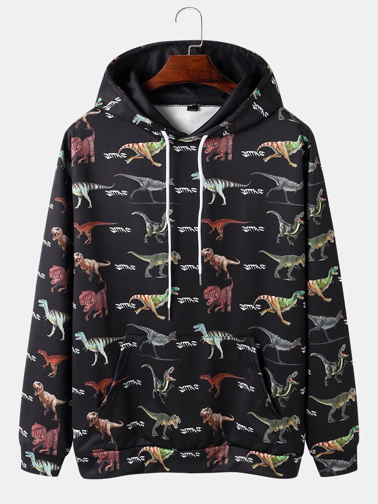 Herre All Over Dinosaur Print Snøring Svarte Hettegensere Med Lommelomme