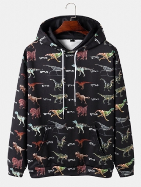 Herre All Over Dinosaur Print Snøring Svarte Hettegensere Med Lommelomme