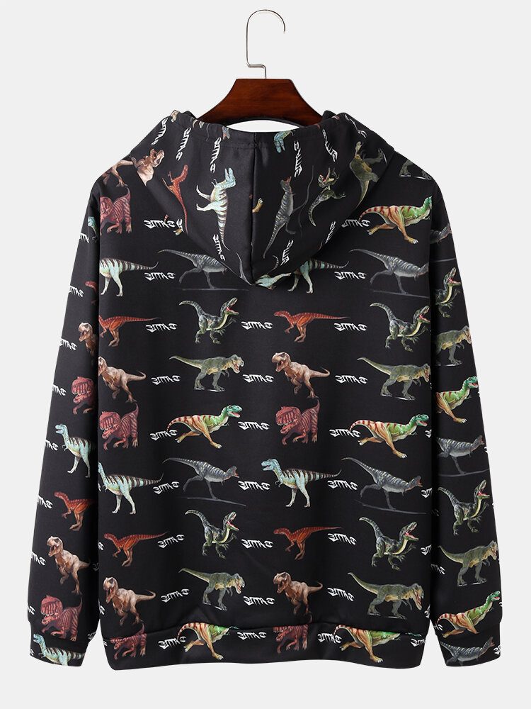 Herre All Over Dinosaur Print Snøring Svarte Hettegensere Med Lommelomme