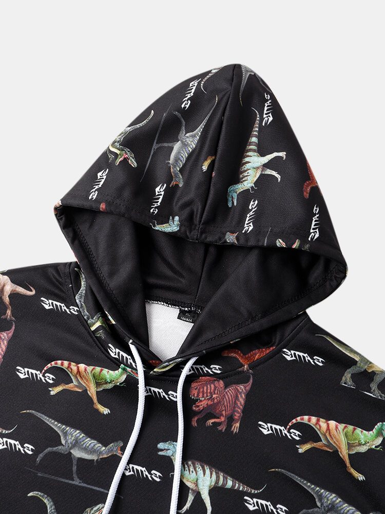 Herre All Over Dinosaur Print Snøring Svarte Hettegensere Med Lommelomme