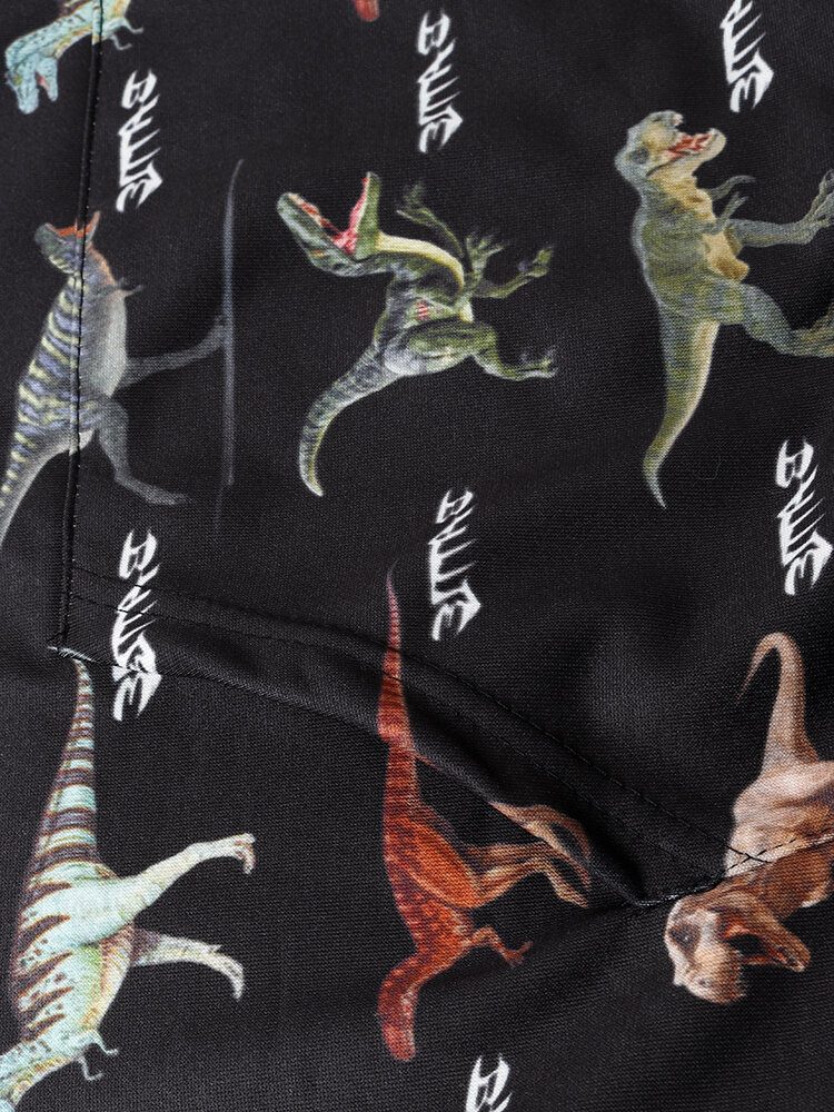 Herre All Over Dinosaur Print Snøring Svarte Hettegensere Med Lommelomme