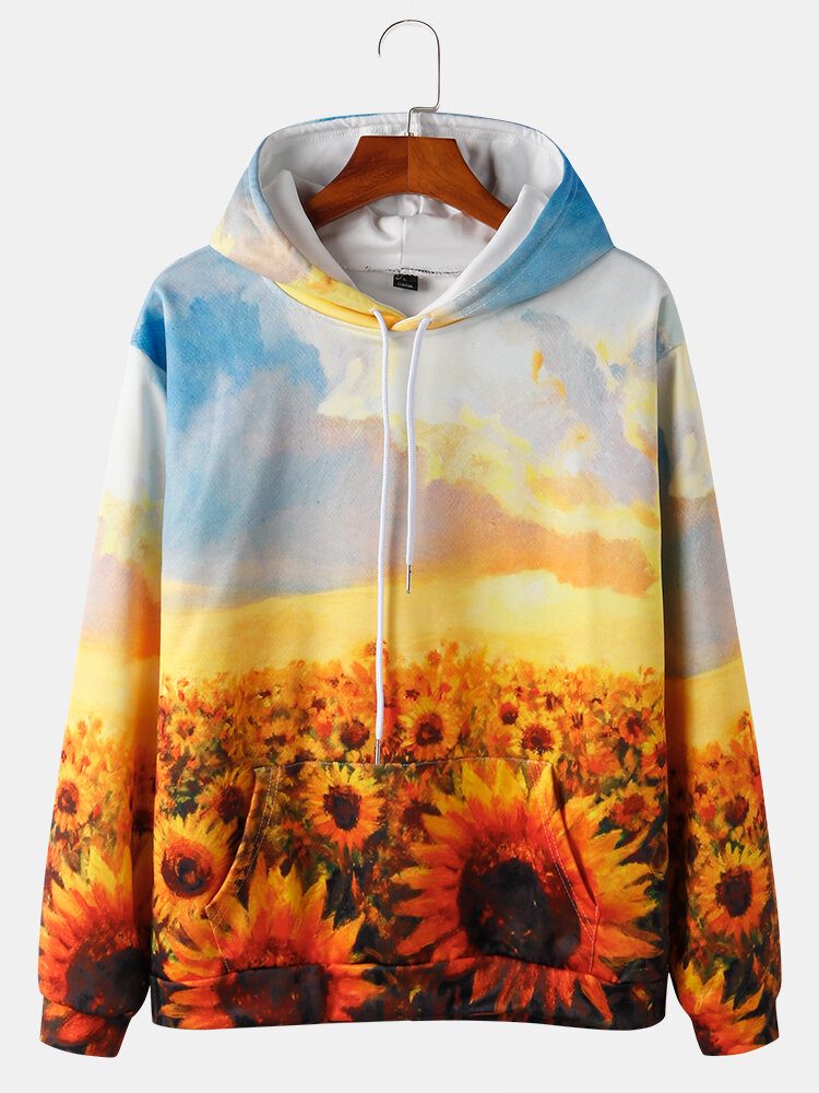 Herre All Over Flower Trykt Veske Lomme Snøring Pullover Hettegensere